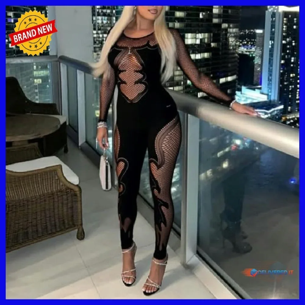 Mesh Hollow Cutout Jumpsuit Long Sleeve Party Club Outfit S/M